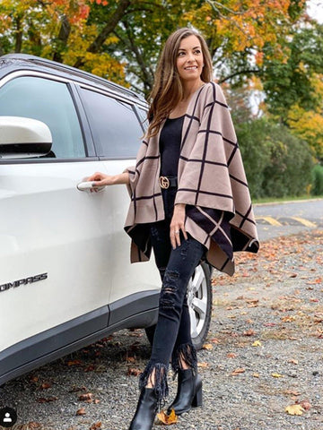 Moss Rose Black and Khaki Plaid Poncho